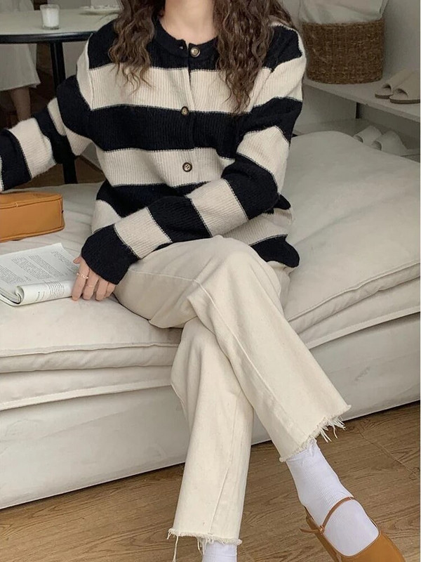 Sieviešu jaka Rudens Pāris Svītraini Minimālisma Ins Femme Visiem piemērotiem vintage džemperiem Ulzzang Student High Street mājīgs trikotāža