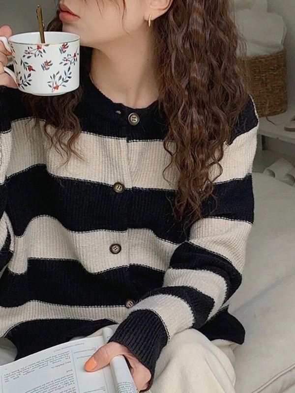 Sieviešu jaka Rudens Pāris Svītraini Minimālisma Ins Femme Visiem piemērotiem vintage džemperiem Ulzzang Student High Street mājīgs trikotāža