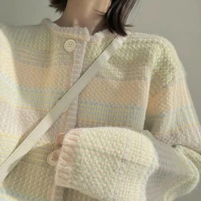 Moteriškas megztinis, paprastas dryžuotas, retro šiltas laisvalaikis, laisvas, laisvas korėjietiško stiliaus studentiškas megztinis Rudens mados dizainas saldus