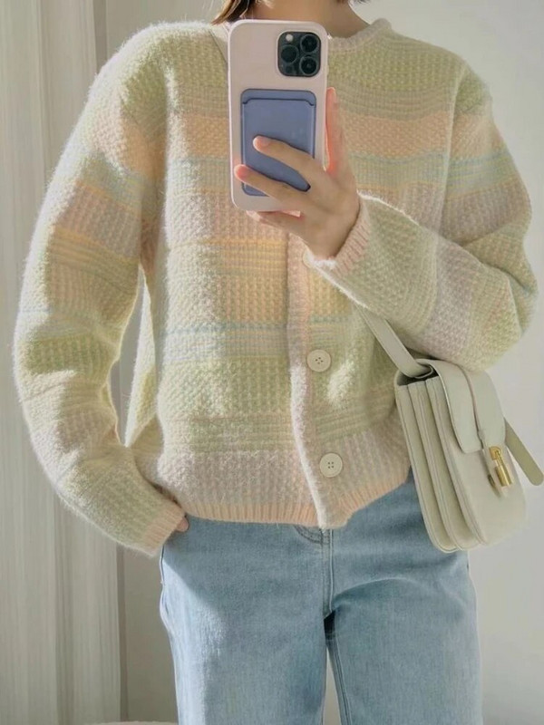 Moteriškas megztinis, paprastas dryžuotas, retro šiltas laisvalaikis, laisvas, laisvas korėjietiško stiliaus studentiškas megztinis Rudens mados dizainas saldus