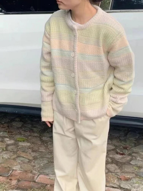 Moteriškas megztinis, paprastas dryžuotas, retro šiltas laisvalaikis, laisvas, laisvas korėjietiško stiliaus studentiškas megztinis Rudens mados dizainas saldus