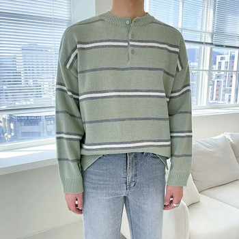 Есенен мъжки раиран трикотаж, джъмпер, плетен пуловер, удобен пуловер с О деколте и дълъг ръкав Ежедневна долна риза за зимата A308