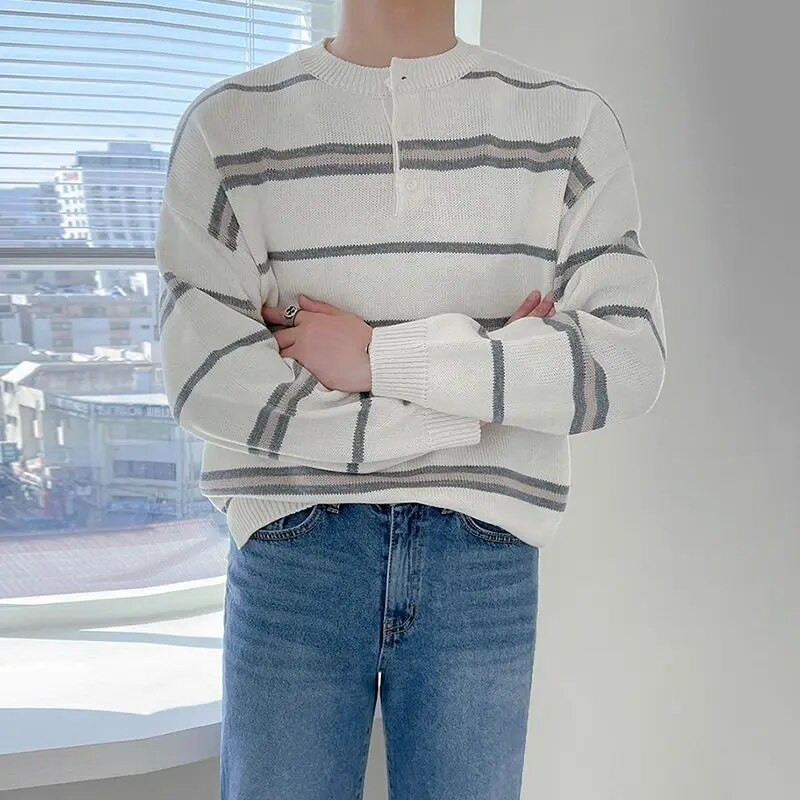 Rudens vīriešu svītrains trikotāžas trikotāžas džemperis, ērts džemperis ar garām piedurknēm, džemperis, ikdienišķs apakškrekls ziemai A308