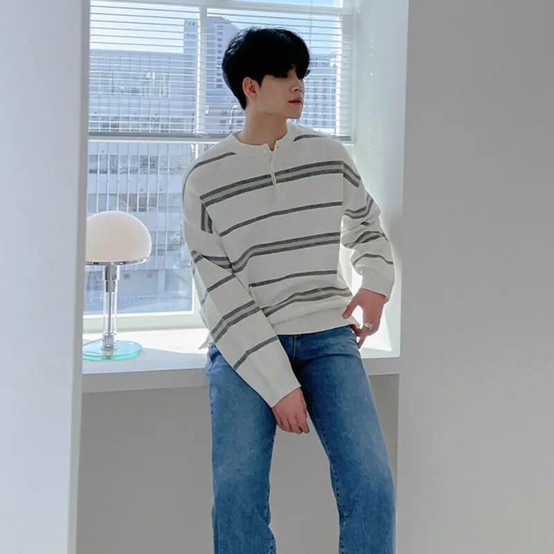 Rudens vīriešu svītrains trikotāžas trikotāžas džemperis, ērts džemperis ar garām piedurknēm, džemperis, ikdienišķs apakškrekls ziemai A308