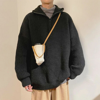 2023 Ανδρικά μονόχρωμα πουλόβερ πουλόβερ με κέντημα με ζιβάγκο, φθινοπωρινά εξωτερικά ρούχα