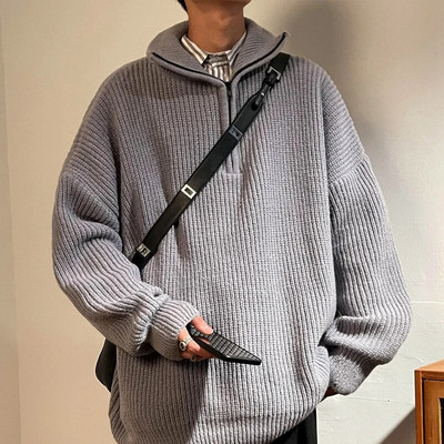2023 Ανδρικά μονόχρωμα πουλόβερ πουλόβερ με κέντημα με ζιβάγκο, φθινοπωρινά εξωτερικά ρούχα