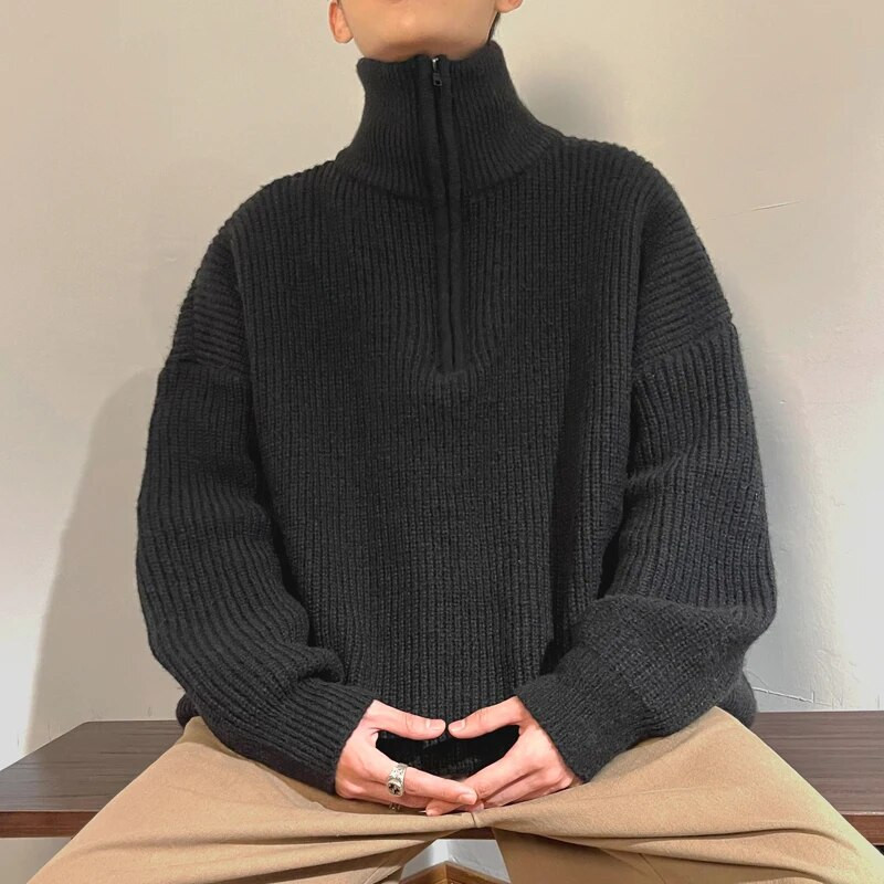 2023 Ανδρικά μονόχρωμα πουλόβερ πουλόβερ με κέντημα με ζιβάγκο, φθινοπωρινά εξωτερικά ρούχα