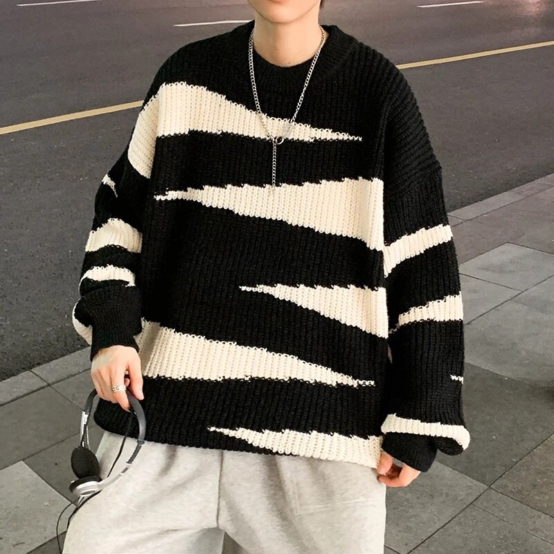Άνδρες 2023 Φθινόπωρο Χειμώνας Νέα μακρυμάνικα πουλόβερ Ανδρικά μπλουζάκια Streetwear ριγέ πουλόβερ Ανδρικά μεγάλα πλεκτά μπλουζάκια I607