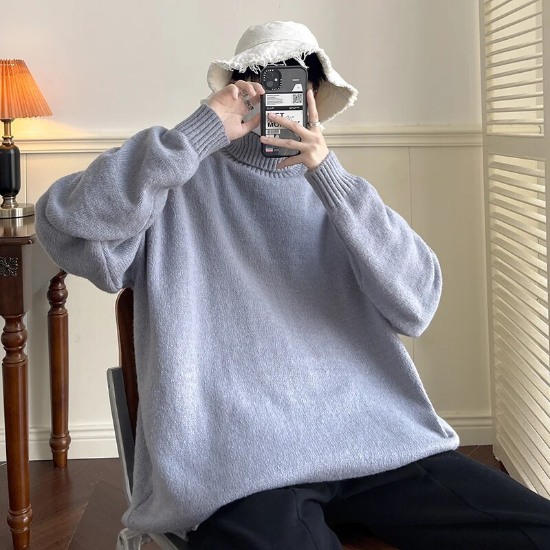 Trikotāžas vīriešu džemperis ar bruņurupuča apkakli, brīvs ikdienas apakšā rudens puloveri Ziemassvētku džemperi