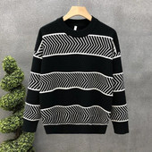 Melni džemperi trikotāžas džemperis Vīriešu apaļa apkakle Vīriešu apģērbi Biznesa svītrainām apkakles japāņu retro bezmaksas piegāde Džemperi Jautri