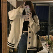 Ζακέτα Γυναικεία πλεκτά φθινοπωρινά Preppy στυλ Unisex All-match High Street Κορεάτικη φοιτητική αισθητική με λαιμόκοψη, casual χαλαρή εφαρμογή