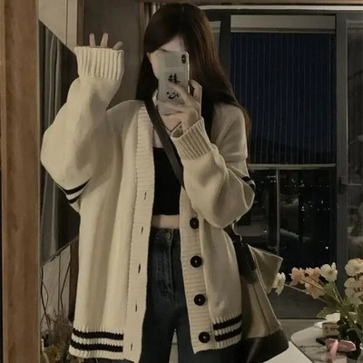 Ζακέτα Γυναικεία πλεκτά φθινοπωρινά Preppy στυλ Unisex All-match High Street Κορεάτικη φοιτητική αισθητική με λαιμόκοψη, casual χαλαρή εφαρμογή