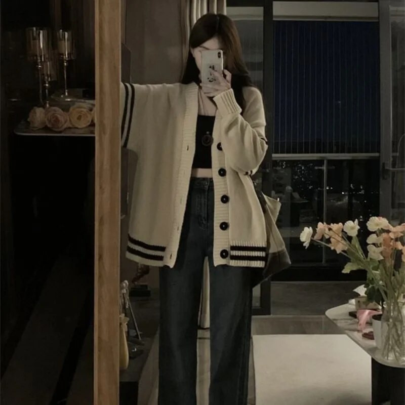 Ζακέτα Γυναικεία πλεκτά φθινοπωρινά Preppy στυλ Unisex All-match High Street Κορεάτικη φοιτητική αισθητική με λαιμόκοψη, casual χαλαρή εφαρμογή