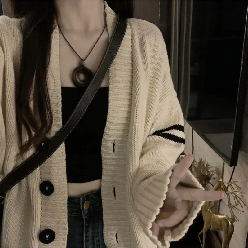 Ζακέτα Γυναικεία πλεκτά φθινοπωρινά Preppy στυλ Unisex All-match High Street Κορεάτικη φοιτητική αισθητική με λαιμόκοψη, casual χαλαρή εφαρμογή