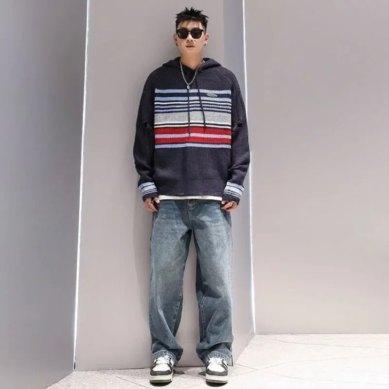 Puloveri Svītrains trikotāžas džemperis Vīriešu Modes Neglīts Klasisks Pasūtījuma Džemperi Japāņu vīriešu apģērbi Harajuku modes topi 2023 Hoodies X