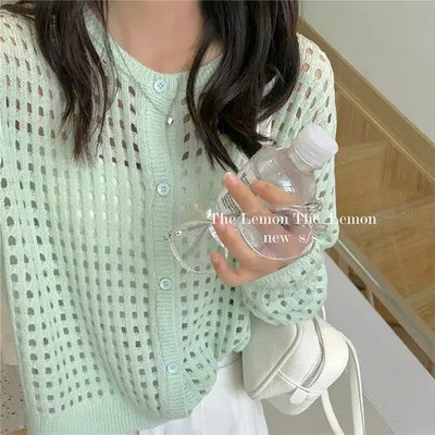 Sieviešu jaka Solid Hollow Out College Brīvs, plāns vasaras saules necaurlaidīgs ikdienišķs mājīgs retro elegants Kawaii saldais seksīgs dizains Ins Mujer