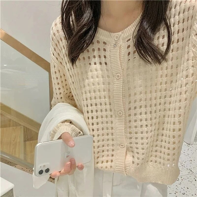 Sieviešu jaka Solid Hollow Out College Brīvs, plāns vasaras saules necaurlaidīgs ikdienišķs mājīgs retro elegants Kawaii saldais seksīgs dizains Ins Mujer