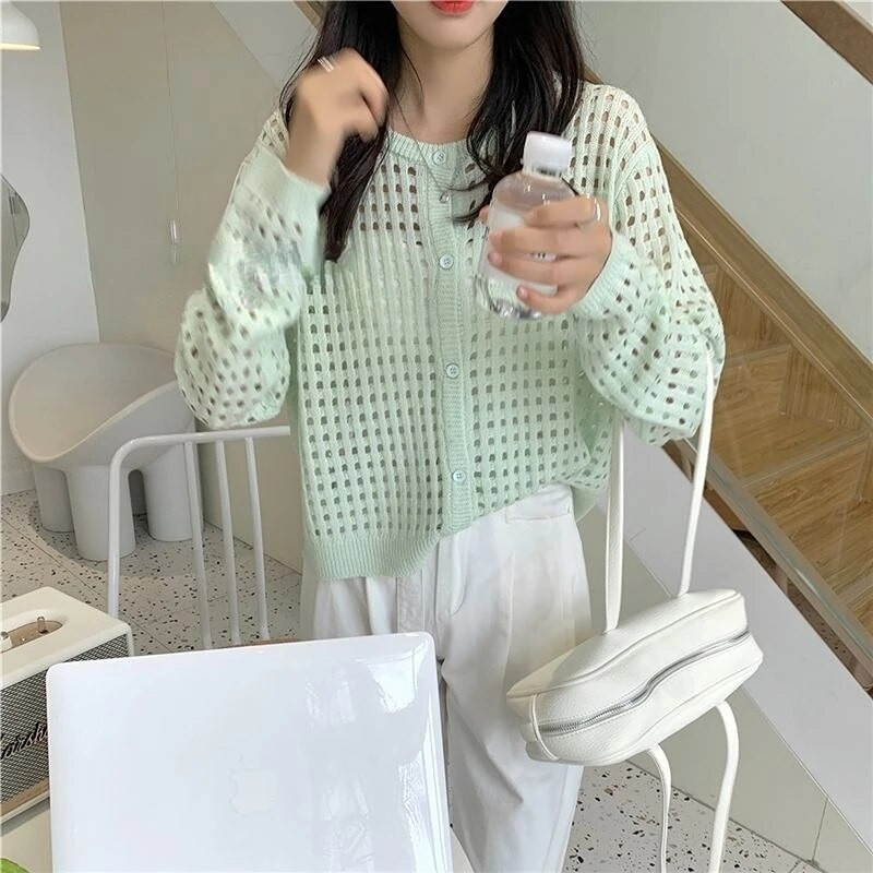 Sieviešu jaka Solid Hollow Out College Brīvs, plāns vasaras saules necaurlaidīgs ikdienišķs mājīgs retro elegants Kawaii saldais seksīgs dizains Ins Mujer