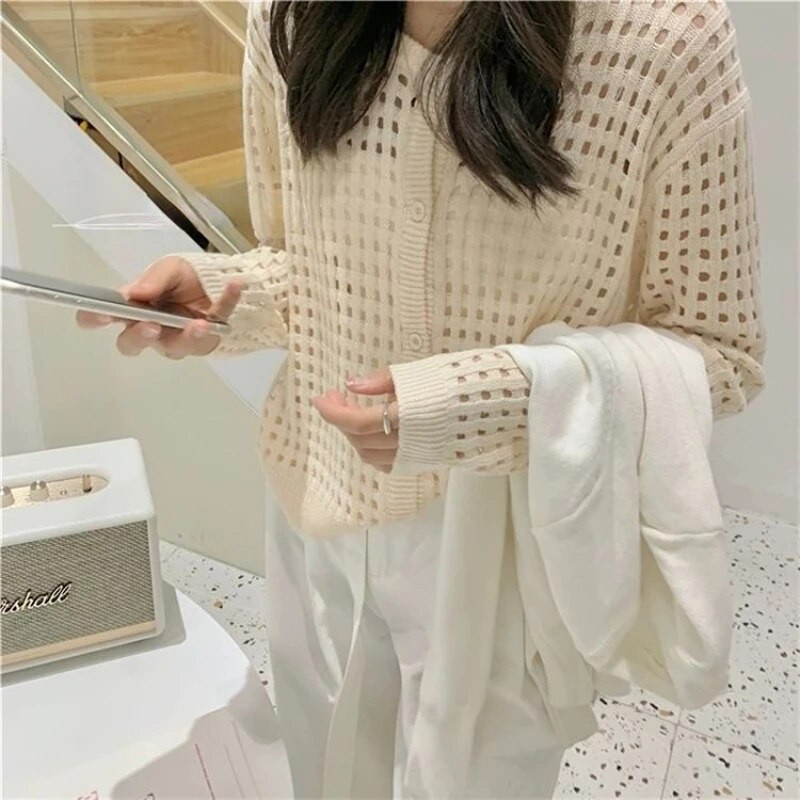 Sieviešu jaka Solid Hollow Out College Brīvs, plāns vasaras saules necaurlaidīgs ikdienišķs mājīgs retro elegants Kawaii saldais seksīgs dizains Ins Mujer