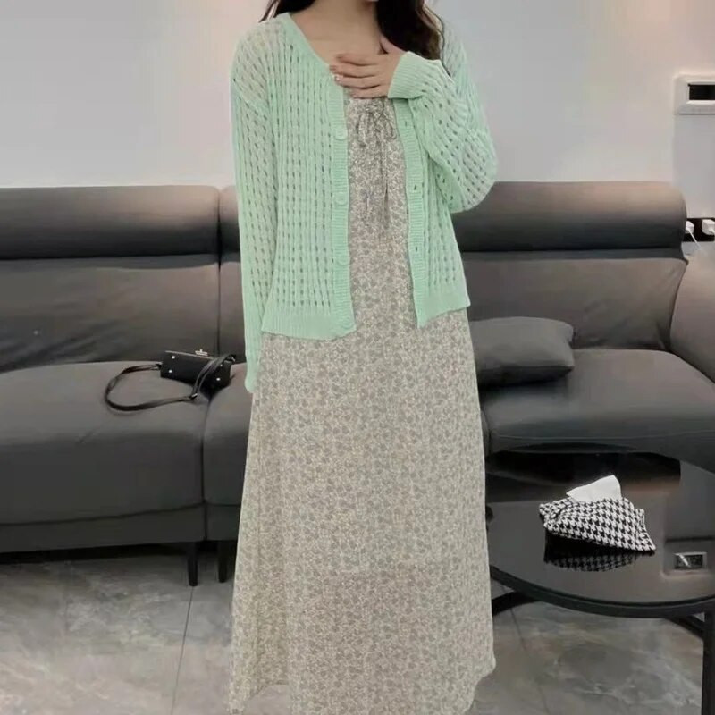 Sieviešu jaka Solid Hollow Out College Brīvs, plāns vasaras saules necaurlaidīgs ikdienišķs mājīgs retro elegants Kawaii saldais seksīgs dizains Ins Mujer