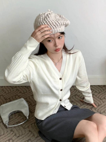 Cropped Cardigans Γυναικείες λεπτές απαλές και ταιριασμένες ανοιξιάτικες vintage με λαιμόκοψη Cozy Harajuku Chic απλό κορεάτικο γυναικείο πλεκτό γραφείου