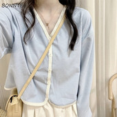 Moteriški megztiniai, saldūs, derliaus derliaus, švelni mada, laisvalaikio V formos iškirptė, viena krūtinė moteriški japoniško stiliaus megztiniai, elegantiški, patogūs