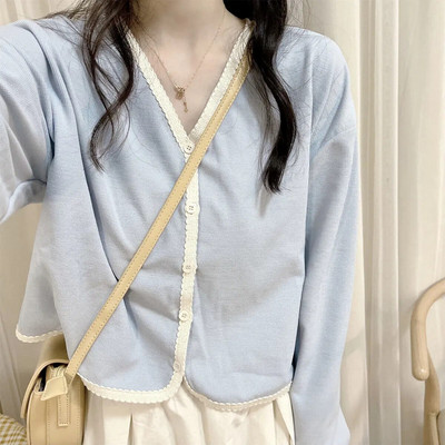 Moteriški megztiniai, saldūs, derliaus derliaus, švelni mada, laisvalaikio V formos iškirptė, viena krūtinė moteriški japoniško stiliaus megztiniai, elegantiški, patogūs