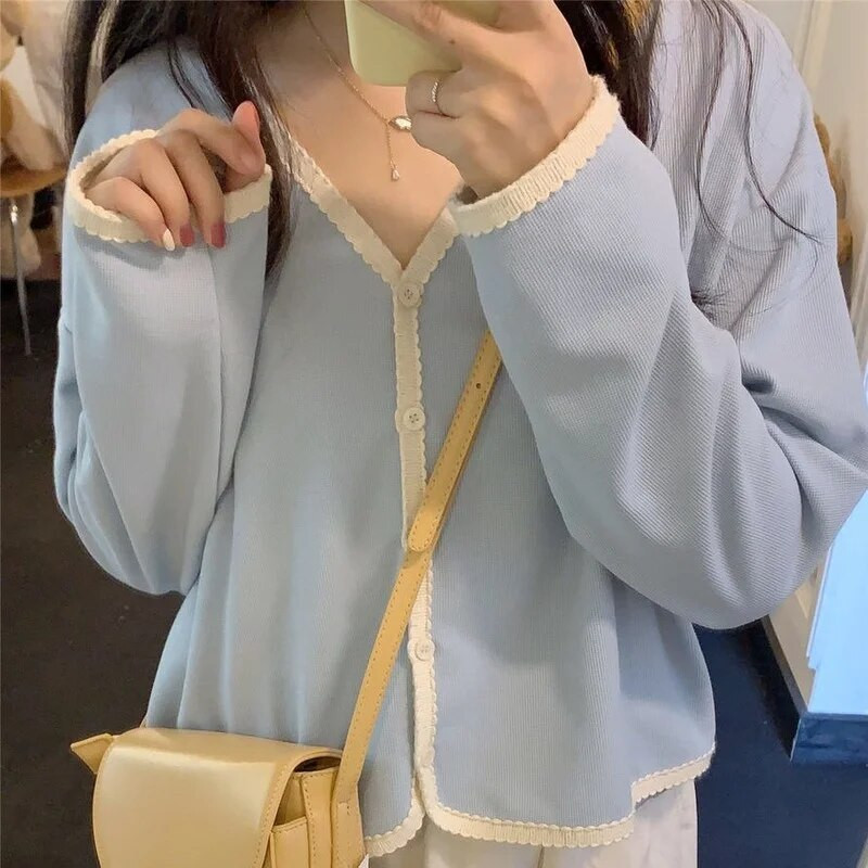 Moteriški megztiniai, saldūs, derliaus derliaus, švelni mada, laisvalaikio V formos iškirptė, viena krūtinė moteriški japoniško stiliaus megztiniai, elegantiški, patogūs