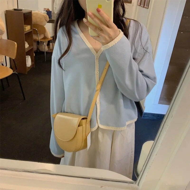 Moteriški megztiniai, saldūs, derliaus derliaus, švelni mada, laisvalaikio V formos iškirptė, viena krūtinė moteriški japoniško stiliaus megztiniai, elegantiški, patogūs