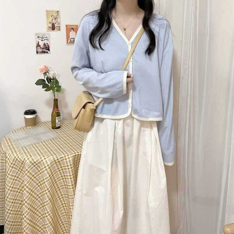 Moteriški megztiniai, saldūs, derliaus derliaus, švelni mada, laisvalaikio V formos iškirptė, viena krūtinė moteriški japoniško stiliaus megztiniai, elegantiški, patogūs