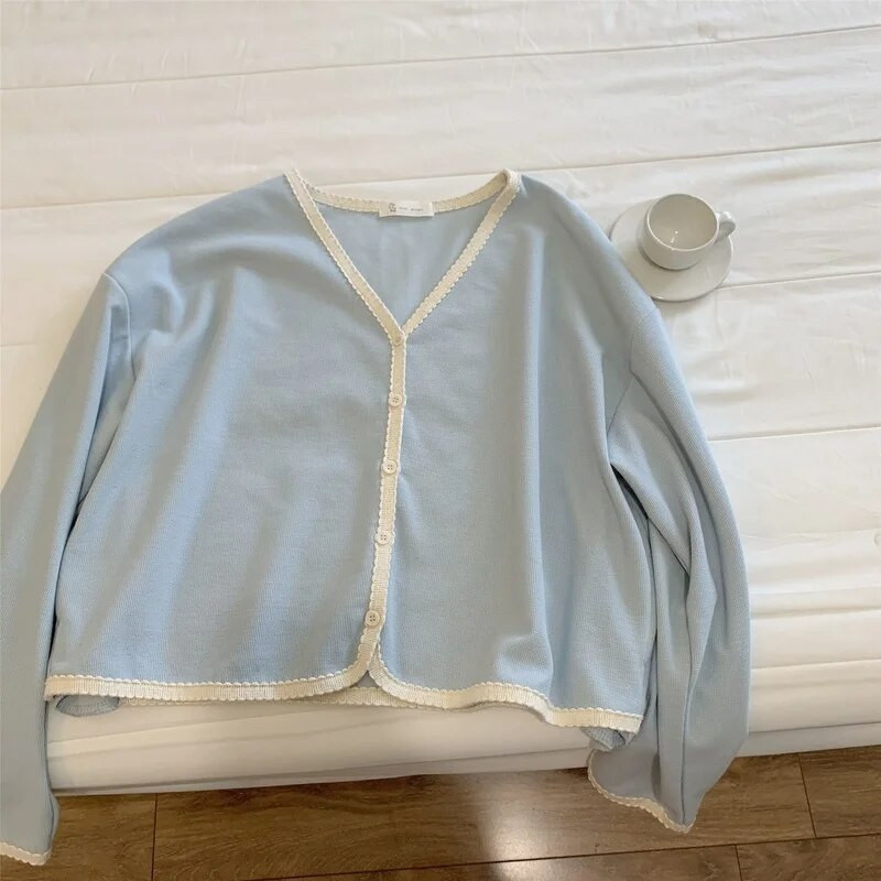 Moteriški megztiniai, saldūs, derliaus derliaus, švelni mada, laisvalaikio V formos iškirptė, viena krūtinė moteriški japoniško stiliaus megztiniai, elegantiški, patogūs