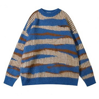 Unisex ριγέ πουλόβερ τοπ χειμωνιάτικο με στρογγυλή λαιμόκοψη μακρυμάνικο πλεκτό Χοντρό ζεστό πουλόβερ για ζευγάρια Τοπ πουλόβερ