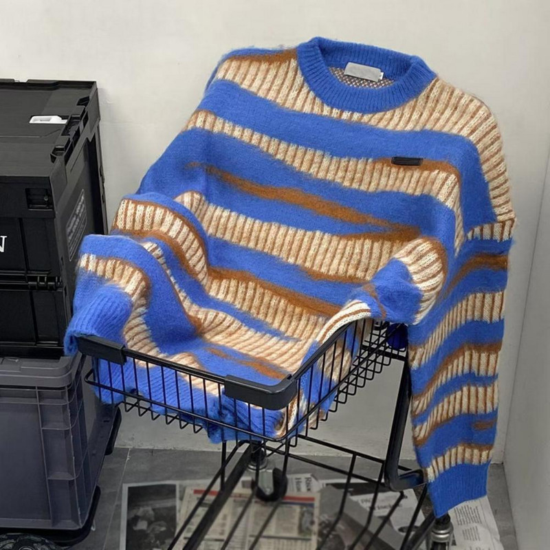 Unisex ριγέ πουλόβερ τοπ χειμωνιάτικο με στρογγυλή λαιμόκοψη μακρυμάνικο πλεκτό Χοντρό ζεστό πουλόβερ για ζευγάρια Τοπ πουλόβερ