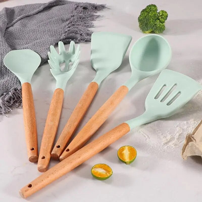 Ustensile de bucătărie din silicon Set de ustensile de gătit Veselă antiaderentă Spatulă Lopă Bătători de ouă Mâner din lemn Ustensile de gătit de bucătărie