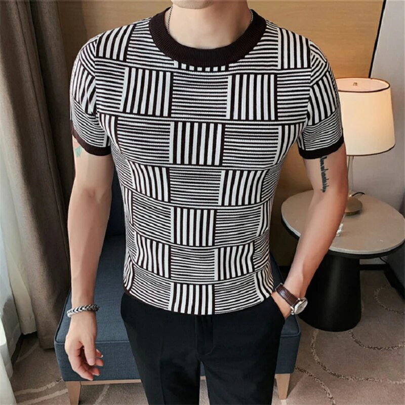 Džentlmeņu trikotāžas vīriešu džemperis ar īsām piedurknēm svītrains ikdienas grezns rudens augstas kvalitātes gluds, ērts elastīgs vīteņu vītne