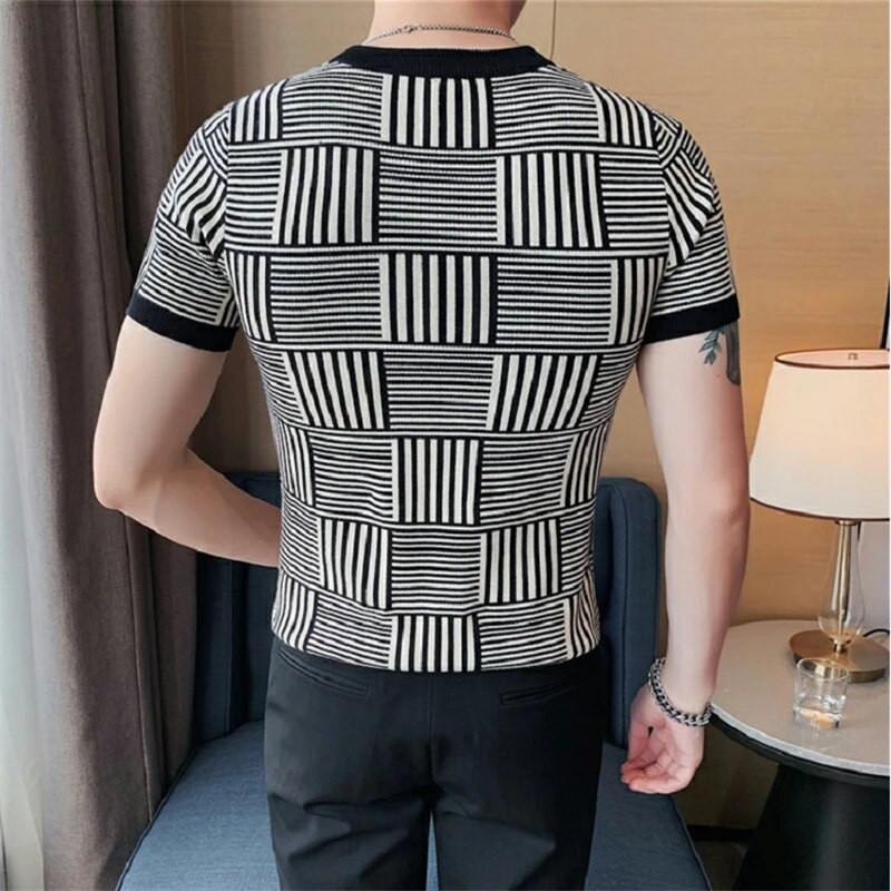 Džentlmeņu trikotāžas vīriešu džemperis ar īsām piedurknēm svītrains ikdienas grezns rudens augstas kvalitātes gluds, ērts elastīgs vīteņu vītne