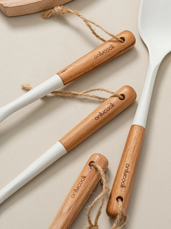 Onlycook Σιλικόνη Ξύλινη λαβή Χωρίς ολίσθηση Μίνι Κουζίνα Εργαλεία Μαγειρικής Σετ Εργαλεία Κουζίνας για Φοιτητικούς Ξενώνας Αρχική