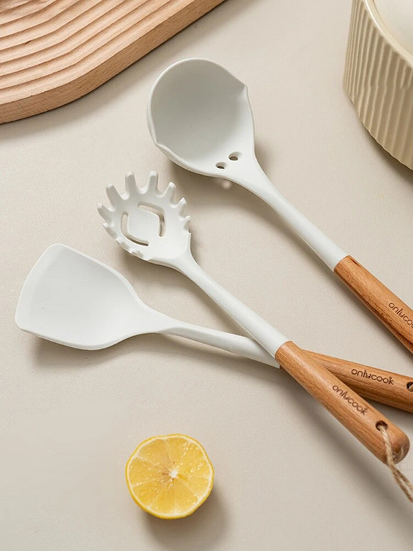 Onlycook Σιλικόνη Ξύλινη λαβή Χωρίς ολίσθηση Μίνι Κουζίνα Εργαλεία Μαγειρικής Σετ Εργαλεία Κουζίνας για Φοιτητικούς Ξενώνας Αρχική