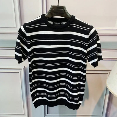 Vīriešu džemperis ar īsām piedurknēm svītrains slaids džemperis pavasara un rudens augstas kvalitātes mazs krekls apaļš kakla izskats korejiešu jaka