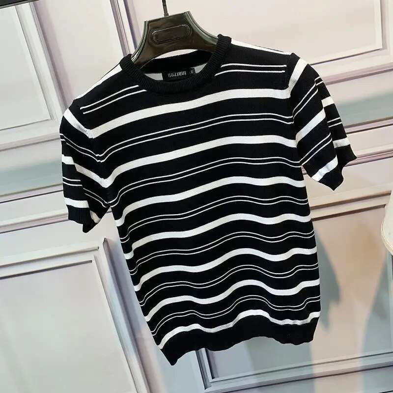 Vīriešu džemperis ar īsām piedurknēm svītrains slaids džemperis pavasara un rudens augstas kvalitātes mazs krekls apaļš kakla izskats korejiešu jaka