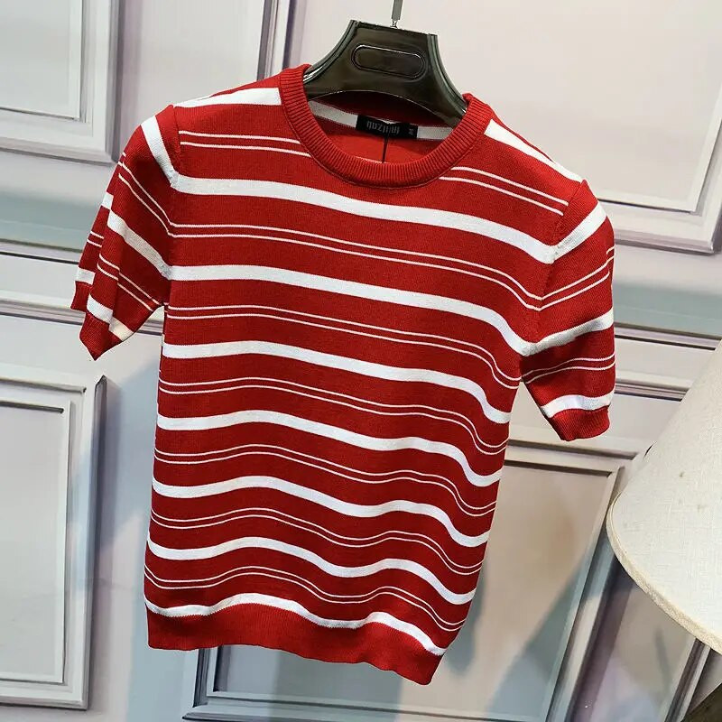 Vīriešu džemperis ar īsām piedurknēm svītrains slaids džemperis pavasara un rudens augstas kvalitātes mazs krekls apaļš kakla izskats korejiešu jaka