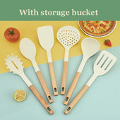 1Gb Gluži balts Silikona virtuves trauki Ēdienu gatavošanas piederumi Nepiedegošie virtuves piederumi Lāpsta koka rokturis zupas karote virtuves gatavošanas rīks