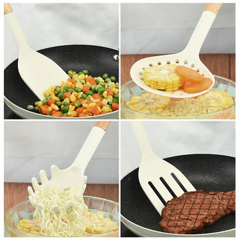 1 τεμ σε λευκό χρώμα Μαγειρικά σκεύη σιλικόνης Αντικολλητικά σκεύη μαγειρικής φτυάρι Ξύλινη λαβή σούπα Κουτάλι Εργαλείο μαγειρικής κουζίνας