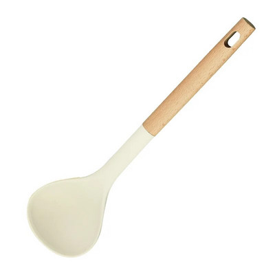 1Gb Gluži balts Silikona virtuves trauki Ēdienu gatavošanas piederumi Nepiedegošie virtuves piederumi Lāpsta koka rokturis zupas karote virtuves gatavošanas rīks