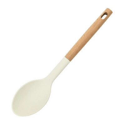 1Gb Gluži balts Silikona virtuves trauki Ēdienu gatavošanas piederumi Nepiedegošie virtuves piederumi Lāpsta koka rokturis zupas karote virtuves gatavošanas rīks