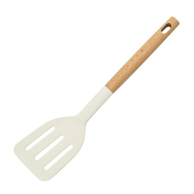 1Gb Gluži balts Silikona virtuves trauki Ēdienu gatavošanas piederumi Nepiedegošie virtuves piederumi Lāpsta koka rokturis zupas karote virtuves gatavošanas rīks