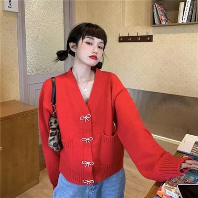 Sieviešu jaciņa ar V-veida kakla izgriezumu, brīvs bantītis, pavasarīgs ikdienišķs, vienrindas vienrindas masīvs ielu apģērbs retro stila sievietēm, Kawaii retro elastība BF