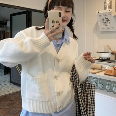 Sieviešu jaciņa ar V-veida kakla izgriezumu, brīvs bantītis, pavasarīgs ikdienišķs, vienrindas vienrindas masīvs ielu apģērbs retro stila sievietēm, Kawaii retro elastība BF