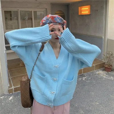 Sieviešu jaciņa ar V-veida kakla izgriezumu, brīvs bantītis, pavasarīgs ikdienišķs, vienrindas vienrindas masīvs ielu apģērbs retro stila sievietēm, Kawaii retro elastība BF