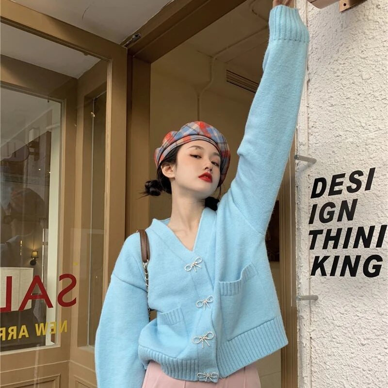 Sieviešu jaciņa ar V-veida kakla izgriezumu, brīvs bantītis, pavasarīgs ikdienišķs, vienrindas vienrindas masīvs ielu apģērbs retro stila sievietēm, Kawaii retro elastība BF